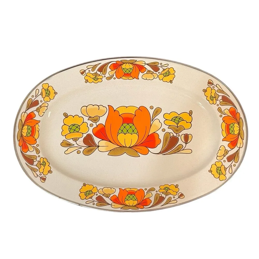 MCM Vintage 1970s Sanko Ware Porcelain Enameled Steel Country Flowers Platter